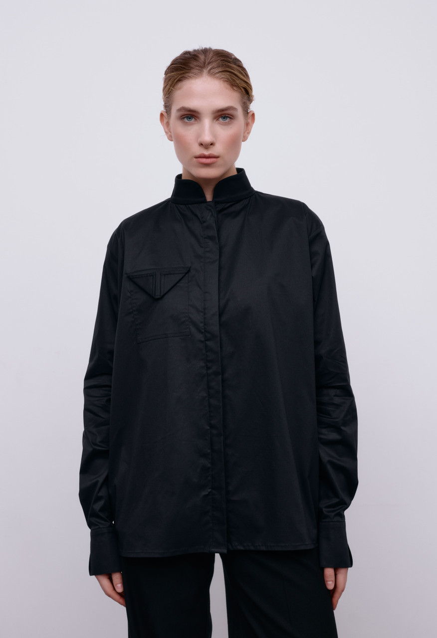 Flagman band-collar black shirt for her