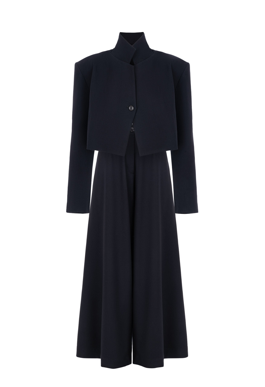 Cropped jacket and skirt-trousers suit