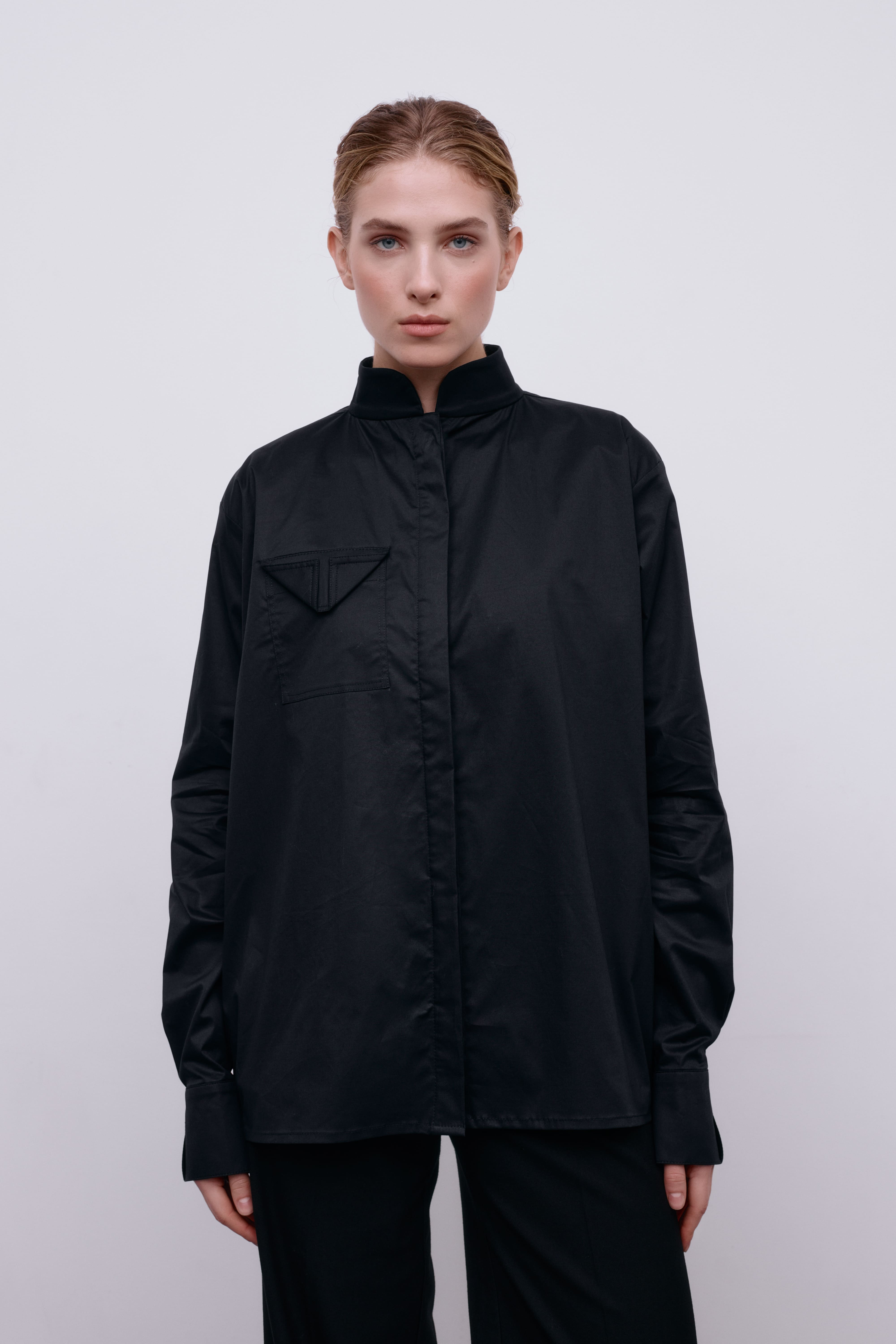Flagman band-collar black shirt for her