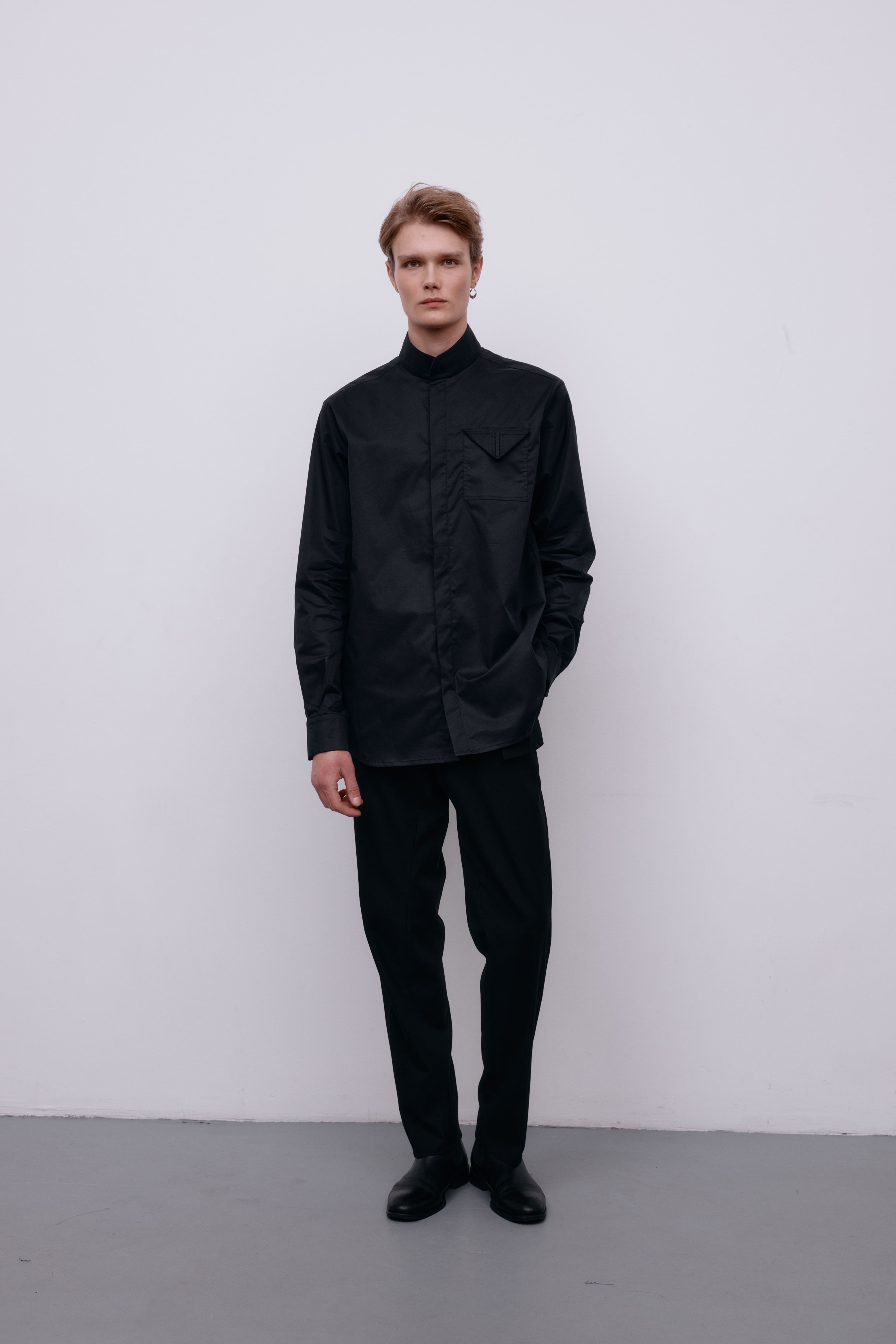 Flagman band-collar black shirt for him