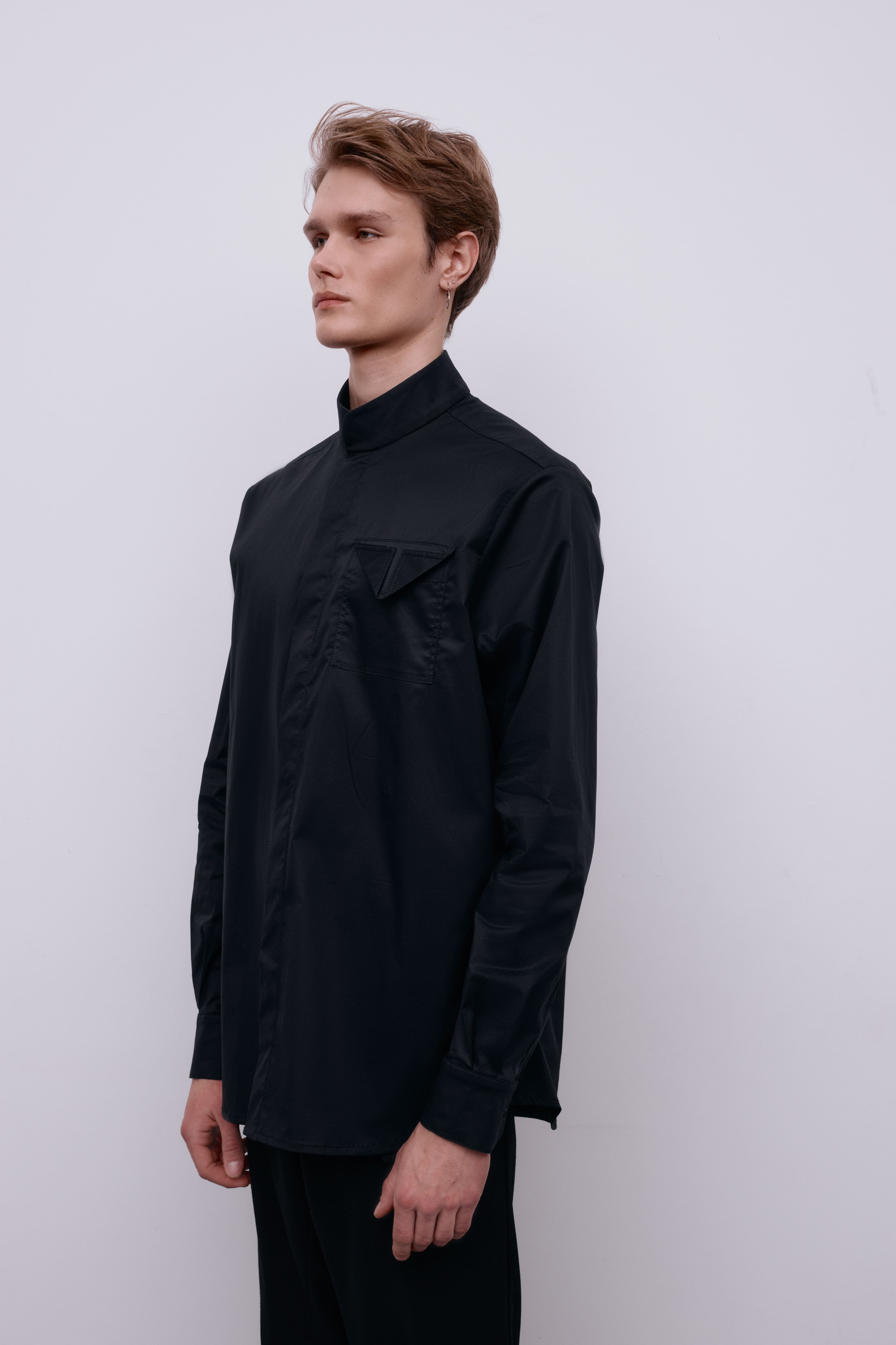 Flagman band-collar black shirt for him
