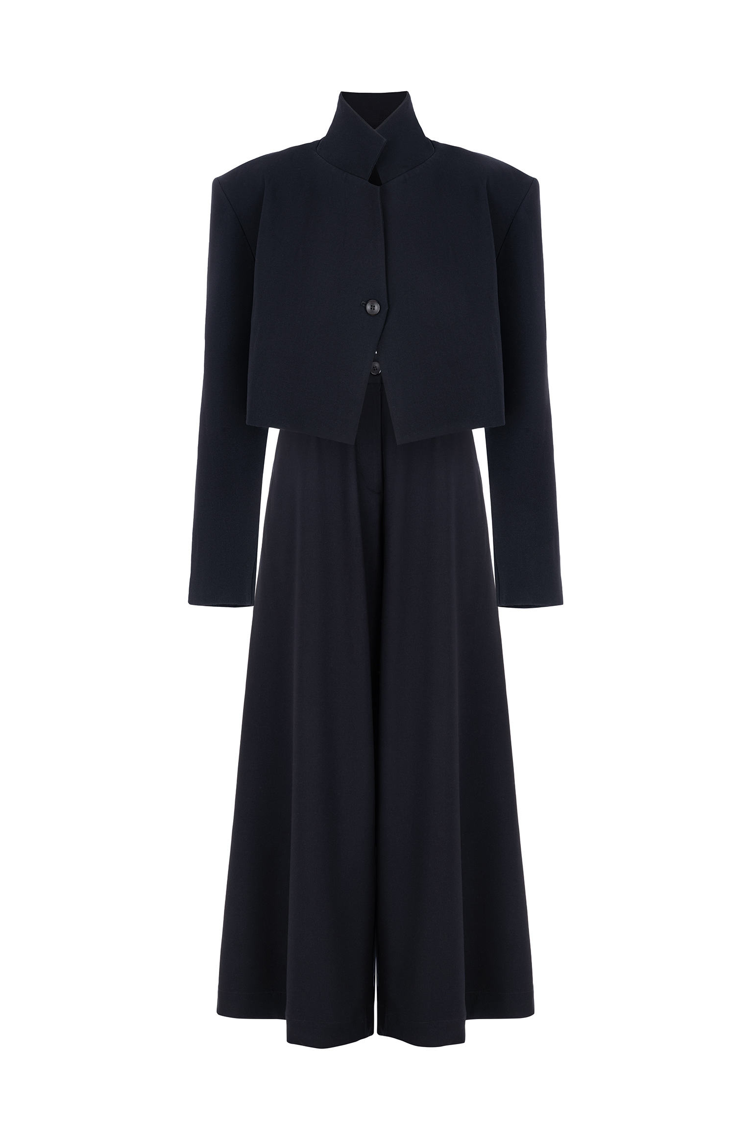 Cropped jacket and skirt-trousers suit